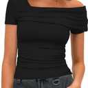 Darong Women's Summer Short Sleeve One Off The Shoulder Top Ruched Going Out Tops Slim Fit Y2K Shirt (S)