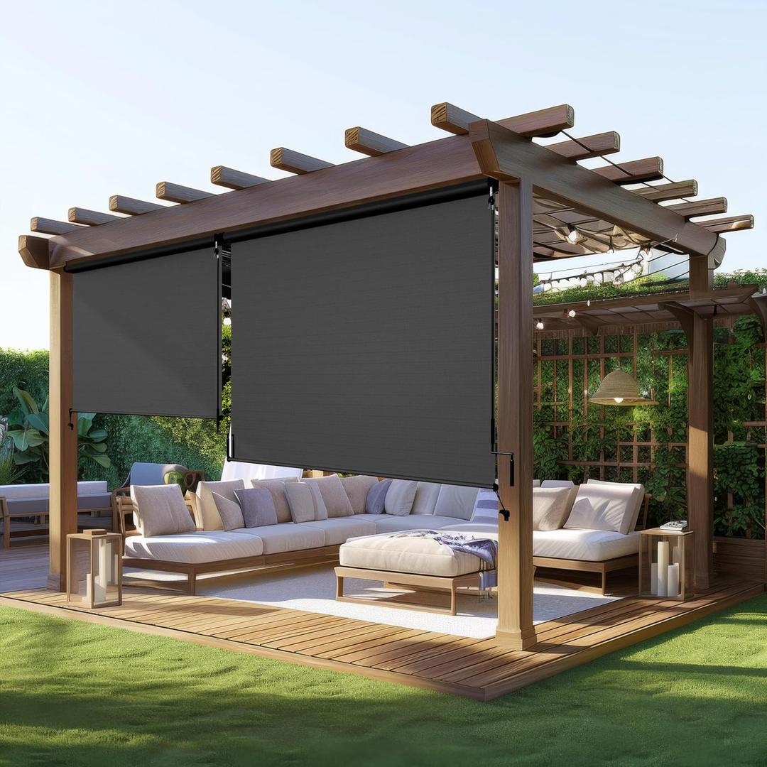 Outdoor Roller Shade (10'W X 8'H) 420GSM New Material with 95% UV Protection, Cordless Aluminum Outdoor Patio Blinds with Crank Handle, Patio Shade for Shading, Privacy Protection, Black