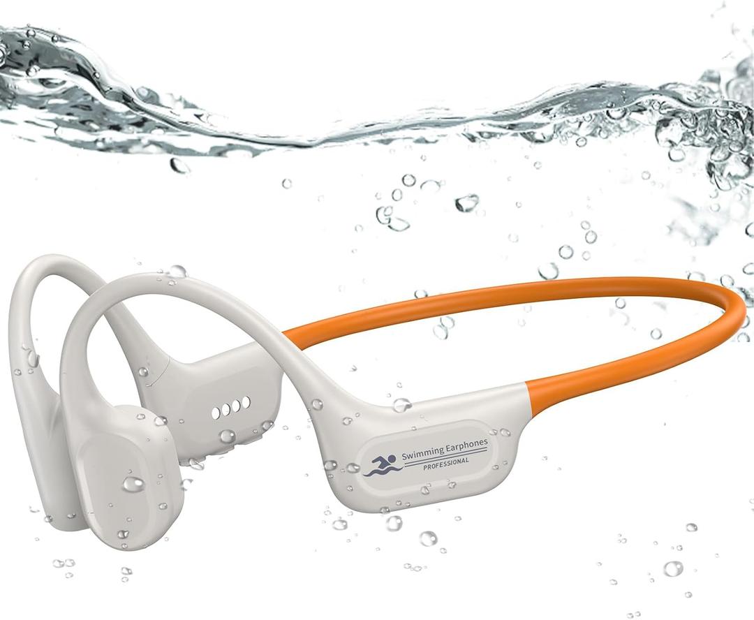 Full-Coverage Liquid Silicone Swimming Headphones, IP68 Waterproof Underwater Headphones, Bluetooth 6.0&MP3 with 32GB Memory Card, Soft/Skin-Comfortable Open Ear Bone Conduction Swim Earbuds(Orange)