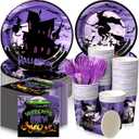 Sliner 180 Pcs Halloween Party Supplies Plates Napkins Cups Serve 30 Halloween Disposable Paper Dinner Dessert Plates Spooky Napkins Cocktail Beverage Cups Plastic Fork Set (Purple, Witch)