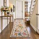 Rugflix 2x6 Runner Rug for Hallway, Washable Kitchen Runner Non Slip, Soft Low Pile Entryway Carpet, Vintage Floral Stain Resistant Long Laundry Room Rugs for Bedroom, Stairs, Beige
