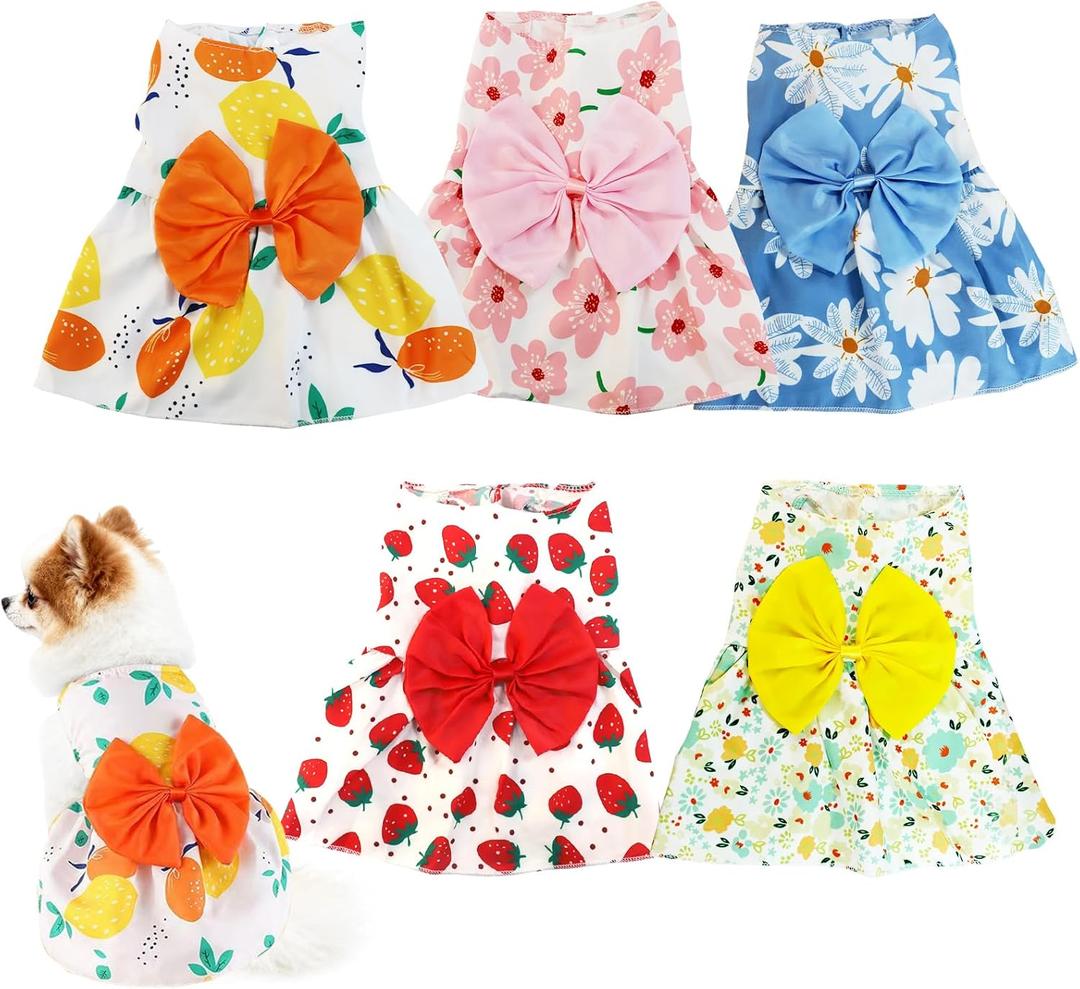 5 Pcs Dog Dresses Floral Puppy Cat Pet Dresses Dog Bowknot Dresses for Small Dogs Girls Puppy Summer Floral Skirts Outfits Cute Princess Pet Dress for Female Yorkie Cats Dogs Pets