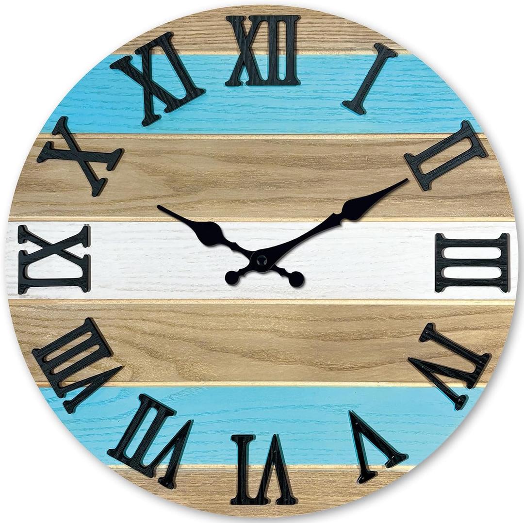 Blue Solid Wood Wall Clock for Living Room Farmhouse Wall Clocks Battery Operated 12 Inch Round Wall Clock Silent