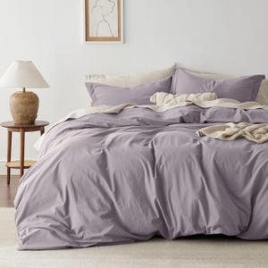 Bedsure 100% Washed Cotton Duvet Cover King Size - Lavender Minimalist Cotton Duvet Cover Linen Like for All Seasons - GentleSoft Plain Simple Bedding, 3 Pieces (Lavender, King, 104"x90")