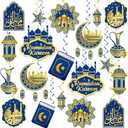 Ramadan Decorations for Home, 14PCS Blue and Gold Ramadan Eid Mubarak Banner, Hanging Swirls and Honeycomb Centerpieces for Muslim Islamic Kareem Festival Al-Fitr Iftar Party Favors Supplies