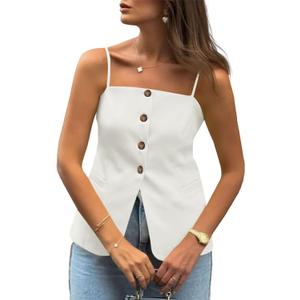 Cicy Bell Womens Summer Spaghetti Strap Vest Tops Dressy Casual Button Down Waistcoat Fitted Split Hem Sleeveless Suit Blazer White, M