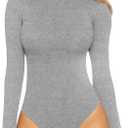 MANGOPOP Women's Mock Turtle Neck Sleeveless Long Sleeve Tops Bodysuit Jumpsuit (34 Long Sleeve Light Heather Grey)