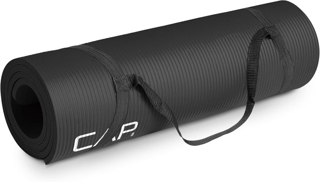 CAP Barbell 1/2-Inch High Density Exercise Yoga Mat with Strap | Multiple Options (Black)