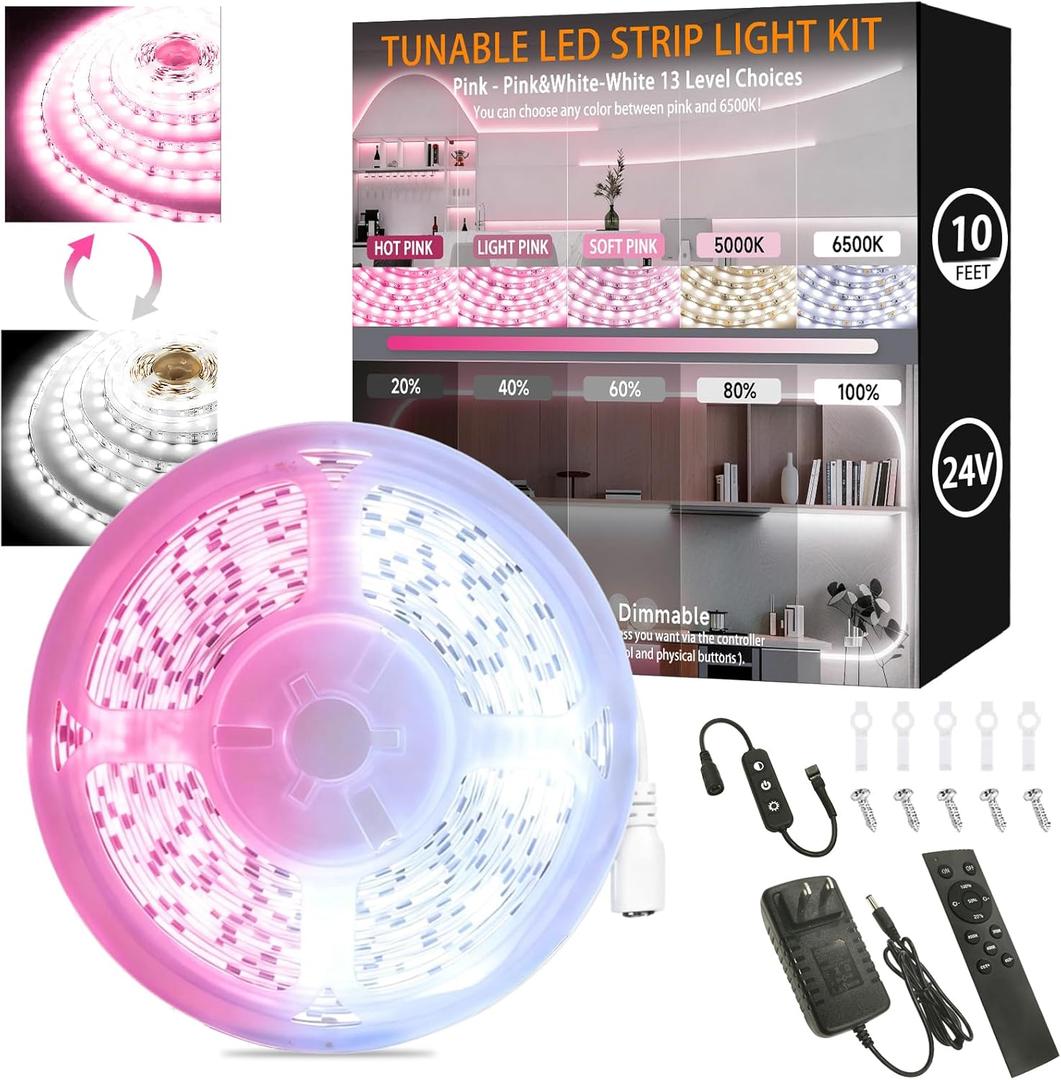 Pink & White LED Strip Light Kit for Bedroom, 10 Ft LED Lights Strip, 24V Dual Tunable Rope Light with Dimming & Color Temperature Adjustment for Living Room, Mirror, Home Lighting
