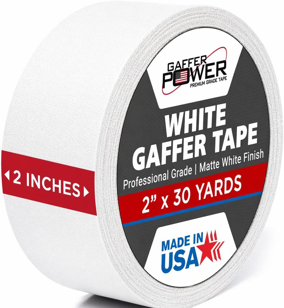 White Gaffer Tape 2 Inch x 30 Yards, Pro Grade Made in USA, Residue-Free Removal, Matte Non Reflective Cloth Tape, Writable Surface for Cable Labeling, Floor Tape for Stage & Studio