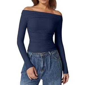 QINSEN Womens Off Shoulder Long Sleeve Tops Ruched Going Out Crop Slim Fitted Shirts Estate Blue M