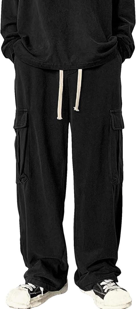 Floerns Men's Casual Corduroy Pants Drawstring Waist Straight Leg Cargo Pants (Medium, Black Ink)