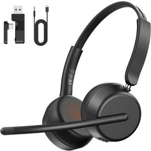 Wireless Headset with Mic for Work, Bluetooth 5.4 Headphones with AI Noise-Canceling Mic for Clear Calls, Wireless Headsets with Mic Mute & USB A/C Dongle for PC, Computer, Laptop, Black