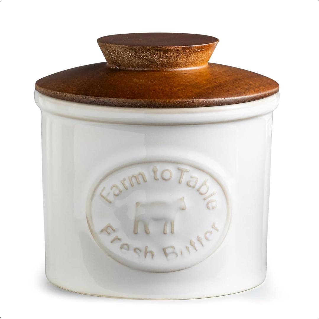 Ceramic Butter Dish With Lid, Butter Crock for Countertop, French Butter Keeper Holder for Spreadable Butter, Cream White (Cow-3.94"dia)
