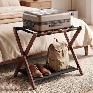 Luggage Rack, Foldable Suitcase Stand with Storage Shelf, Easy Assembly, Heavy Duty Travel Bag Holder for Guest Room, Bedroom, Hotel, Walnut (1 Pack)