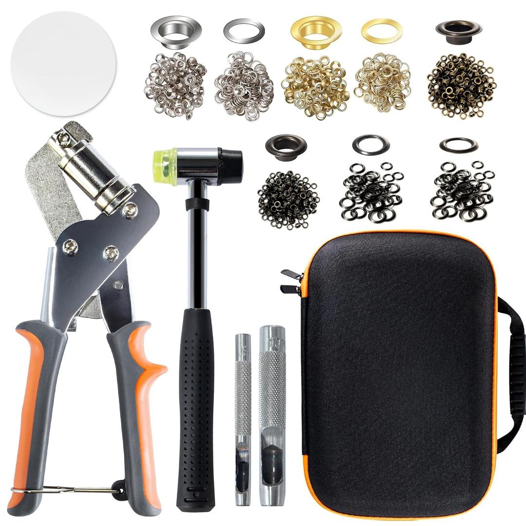 Stainless Steel Grommet Kit (3/8 and 1/4) Includes a Hammer and Bag and 200 10mm and 300 6mm Grommets. Eyelet and Grommet Tool Kit for DIY Tarp Leather Ring Repair and Installation.