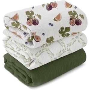 GLLQUEN BABY Muslin Swaddle Blankets for Newborns, 3-Pack Cotton Receiving Blankets for Boys and Girls, Large 40 x 38 Baby Essentials Swaddle Wrap Burping Clothes, Unisex, Gift, Green