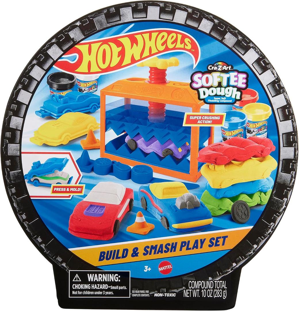 Hot Wheels Softee Dough Build & Smash Play Set, Kids Modeling Dough Playset with Vehicle Molds & Non-Toxic Compound, Ages 3+