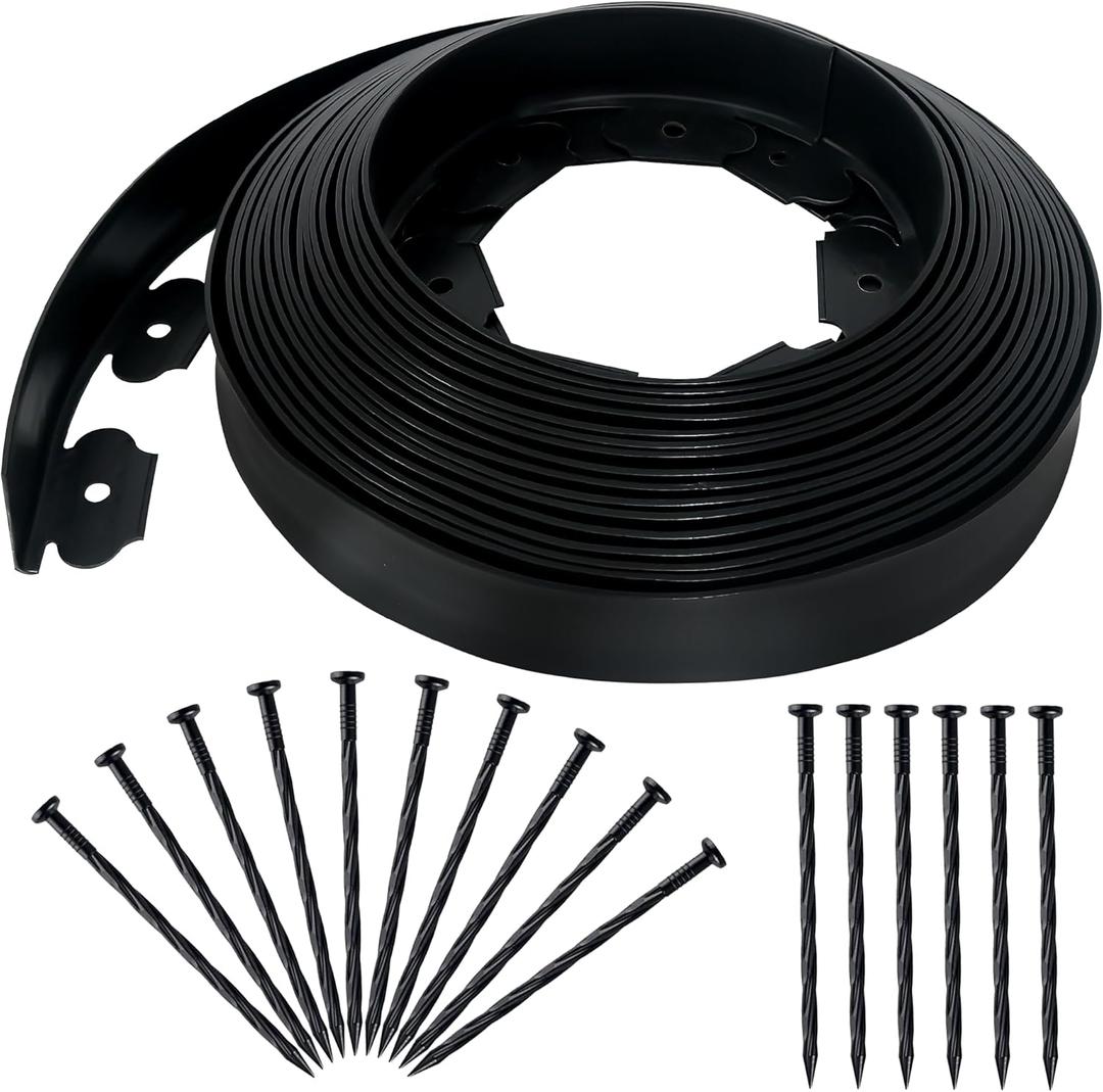2 Inch x 50FT Landscape Edging Border with 75 Anchoring Spikes, No Dig Garden Border Edging Kit, Plastic Lawn Edging Border for Landscaping Garden Flower Beds Lawn Yard Paver Pathway, Black