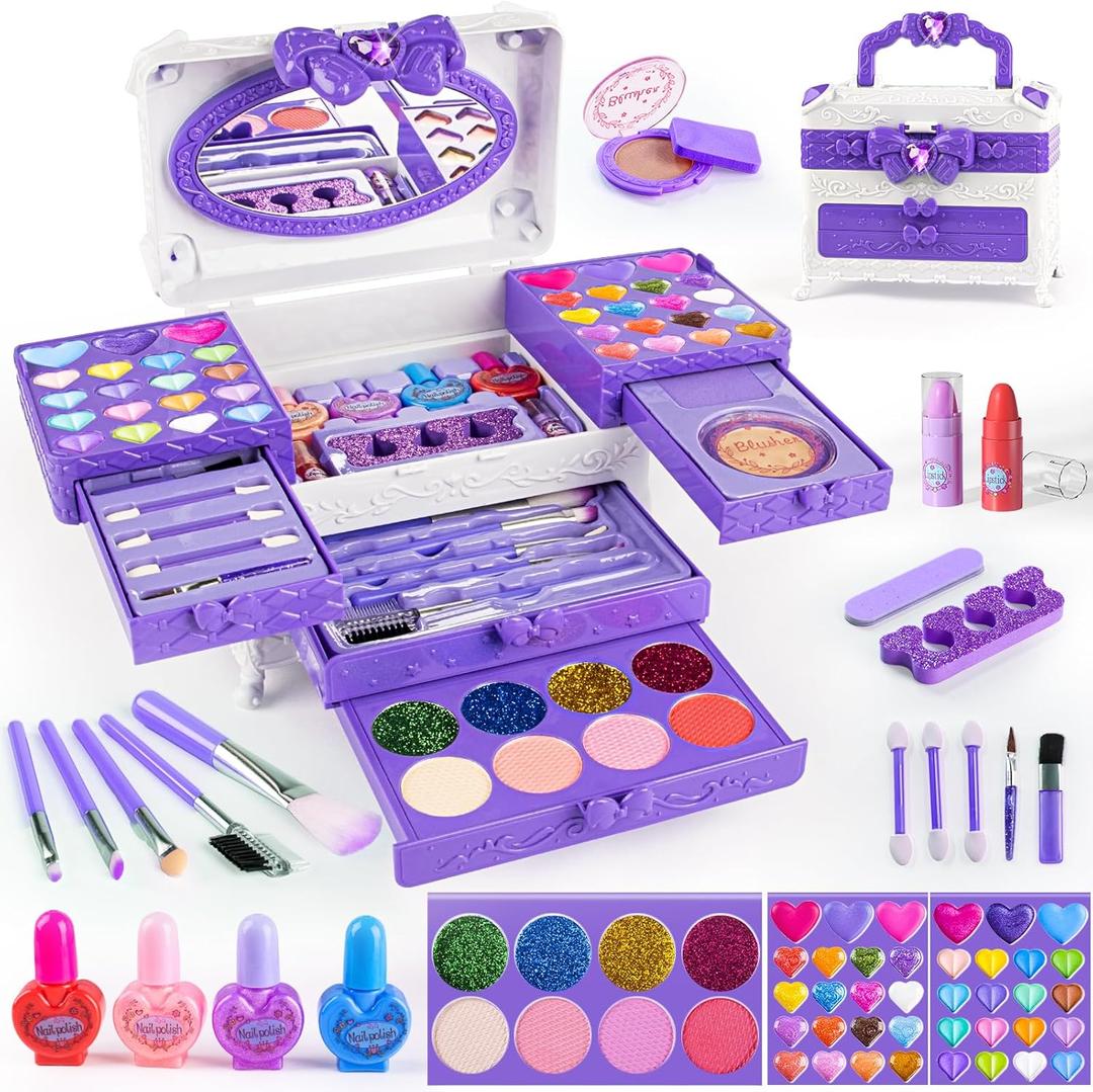 Kids Makeup Sets for Girls, 66pcs Real Cosmetic for Kids Toys with Mirror, Princess Washable Girls Makeup Kit, Non-Toxic & Safe Brithday Gifts for 3 4 5 6 7 8 10 - 12 Years OldLight Purple