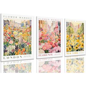 XLARTMY Flower Market Wall Art Print Canvas Framed Yellow Pink Floral Paintings Colorful Botanical Sunflower Artwork Travel Poster for Decor Picture 3 pieces for Living Room Bedroom Bathroom 12x16in