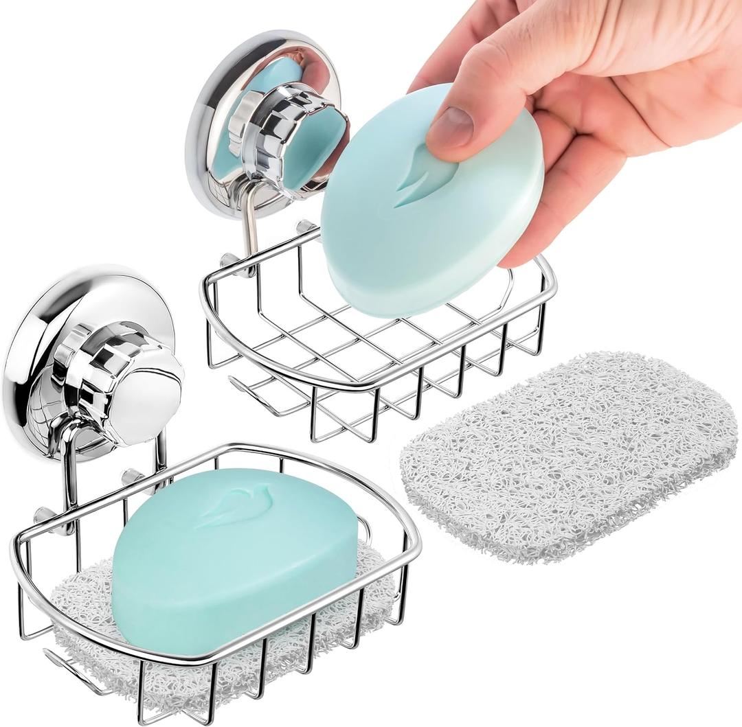 HASKO 2-Pack Suction Cup Soap Holder Bar Soap Dish for Shower with Hooks for Bathroom Optional Mounting with Adhesive Tape Includes 2 Soap Savers Polished Stainless Steel SS304