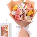 Mothers Day Crochet Flowers Bouquet Gift Completed Handmade Knitted Flowers with LED Lights Tulips Bouquet Gift for Mother Day Women Birthday Graduation Wedding Home(Pink White Yellow)