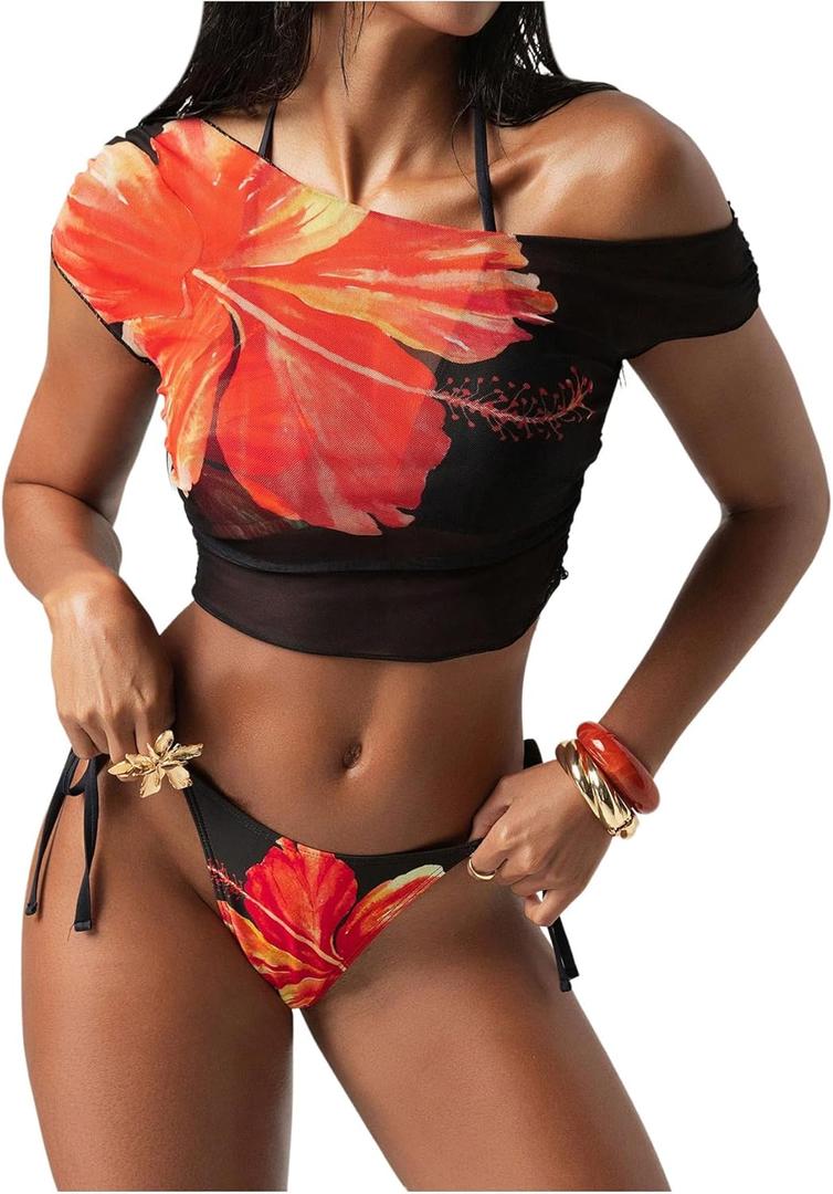 Women's 3 Piece Bikini Set Floral Tie Back Halter Swimsuit with Cover Up Top Beachwear (Large, Black)