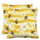Buxainnsg Cute bee Pillow Covers 18x18 in Yellow Striped Pillow Covers 18x18 Set of 2 Farmhouse Cartoon Summer White Floral Pillows Cover Rustic Spring Flower Pillows Cover Decor for Couch Sofa
