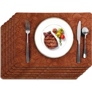 SolaraDawn Faux Leather Table Placemats Set of 6, Washable, Wipeable & Heat-Resistant Table Mats, Waterproof Dining Place Mats with Embossed Texture for Kitchen & Dining, Caramel Brown, 17"  12"