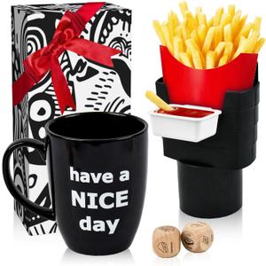White Elephant Gifts for Adults, Funny Coffee Mug with Finger on the Bottom, French Fry Holder & Sauce Holder Set, Date Night Ideas Food Choice Dice, Gag Gifts Stocking Stuffers for Men Women - Black, 14 ounces