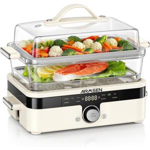AIRMSEN Glass Food Steamer for Cooking | 8.5QT 2-Tier & External Water Tank | Oil-Free Healthy Cooking, No Plastic Food Contact, 1200W Fast Steam for Veggies, Seafood & Rice, Dishwasher Safe, Beige 