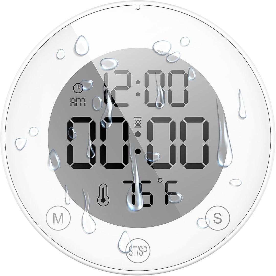 KADAMS Shower Timer Clock Waterproof Bathroom Timer Digital Wall Clock with Countup Countdown, Magnetic Kitchen ClockTimer with Temperature, Suction Cup Kids Shower Spa Cook Bath (3.54, Pearl White)