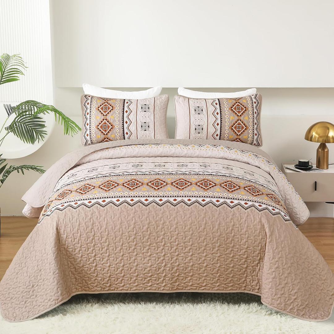 WONGS BEDDING Boho Beige Quilt Set Queen Size,Geometry Printed Bedspread Coverlet 2 Pack,Soft Bohemian Bedding Set Queen 96"×90"