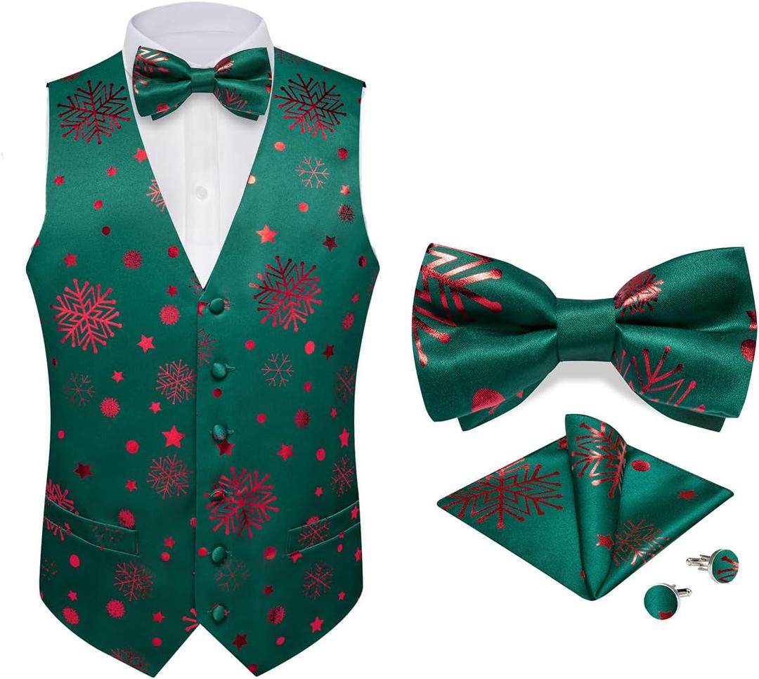 DiBanGu Mens Christmas Vest and Bow Tie Set Festival Christmas Snowflake Suit Vest for XmasNew Year Party Formal (Small, Green Red Snowflake)