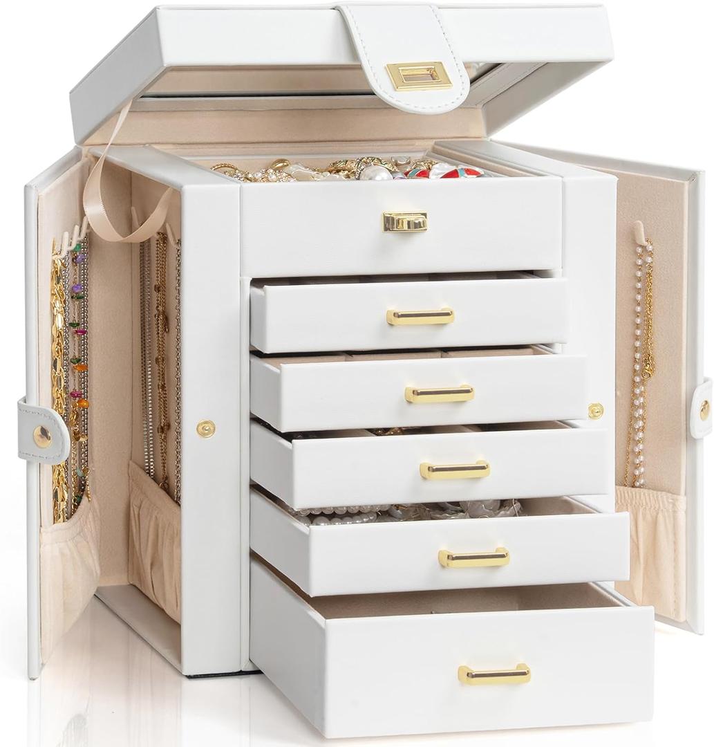 AKOZLIN Functional 6-Tier Jewelry Box Organizer with 5 Drawers Leather Jewelry Storage Case for Women Girls Ring Necklace Earring Bracelet Holder Organizer with Mirror White (Regular)