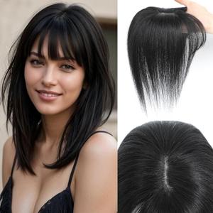 Hair Toppers for Women Real Human Hair, 360 3D Cover Wispy Bangs Hair Pieces for Women (Black, 2 Clips)
