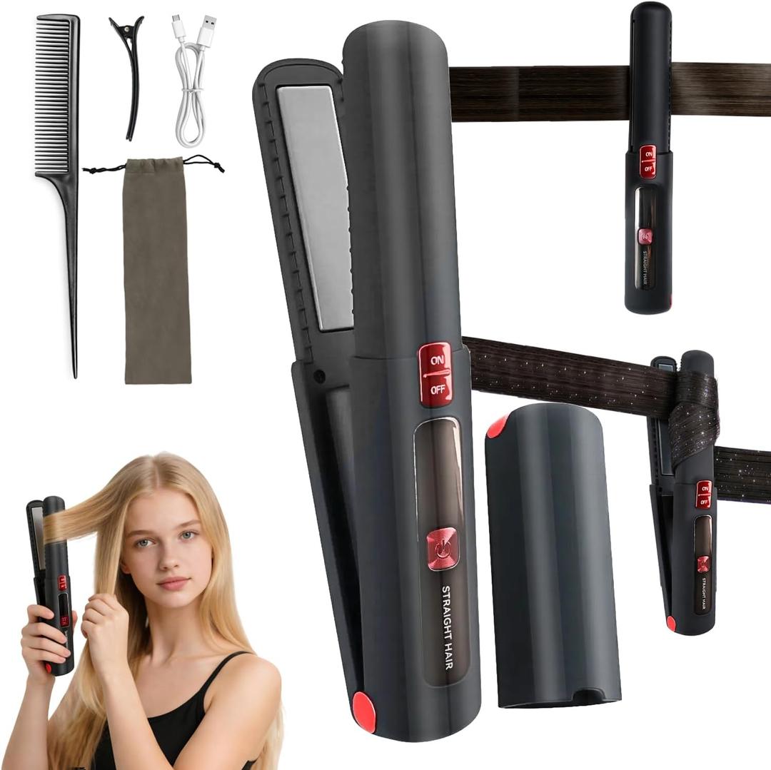 Cordless Hair Straightener and Curler, Flat Iron Curling Iron in One, Portable Hair Straightener, 4500mAh Battery 10s Fast Heating Ceramic, for Travel