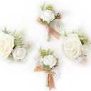 Corsage and Boutonniere Set(4-Pieces) Corsage for Prom,Groom and Best Man Boutonnieres for Wedding Ceremony Anniversary, Formal Dinner Party Homecoming Celebration(White)