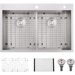 33 Inch Drop In Kitchen Sink Double Bowl, 33x22 Stainless Steel Sink 16 Gauge Deep 50/50 Low-Divide Top Mount Kitchen Sinks with Accessories (Brushed Nickel)