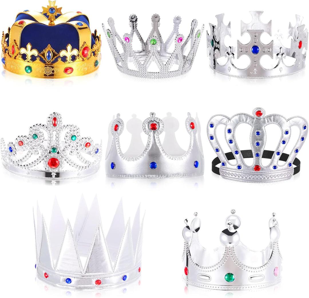 Yingzhao 8 Pcs Royal King Crown for Kid Plastic Queen Prince Princess Crown Jeweled Costume Accessory for Adult Boy Girl (Silver)