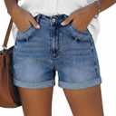 onlypuff Women Jean Shorts Ripped Mid Rise Stretchy Distressed Casual Denim Shorts (Blue)
