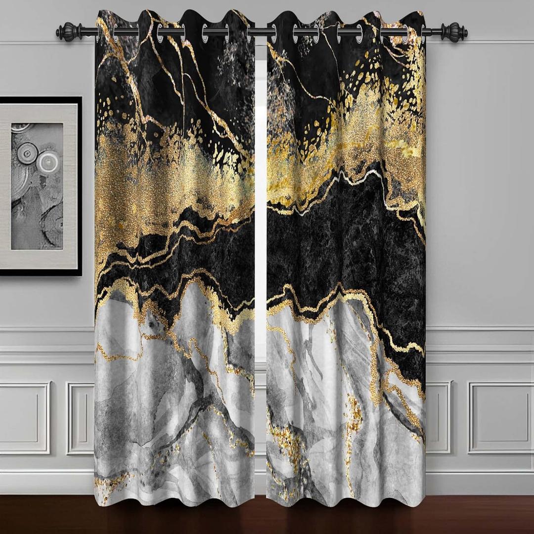 Black Gold Marble Window Curtains - Bedroom & Living Room Modern Luxury Blackout Drapes with Grommets, 2 Panels, 26x63 Inch