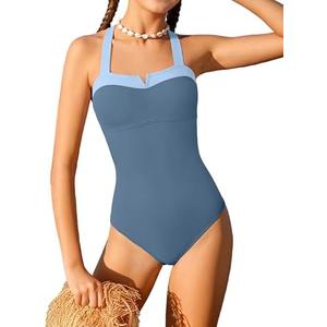 Shallmu Girls One Piece Swimsuits Color Block Dual Crossback Straps with Cover Up Skirt Girl's Swimwear, Blue, 15-16Y