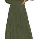 ZESICA Women's Casual Long Sleeve Crew Neck High Waist Smocked Flowy Tiered Midi Dress (Medium, Green)