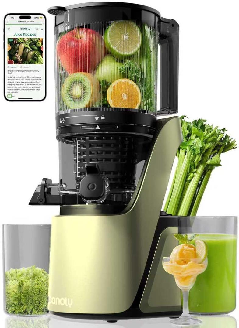 Canoly C16 Cold Press Juicer, 6" Extra Wide Feed Chute, 3-IN-1 Strainers (Juice & Sorbet & Nut Milk), Powerful AC Brushless Motor, Self Precut System, Juicer Machines with BPA-Free (White)