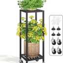 LASZOLA 2 Tier Black Metal Plant Stand Indoor Outdoor with Wheel for Large Planter, Modern Heavy Duty Tall Rolling Rack for Corner House Bathroom Patio Floor, Iron Flower Shelf Holder for Orchid Fern