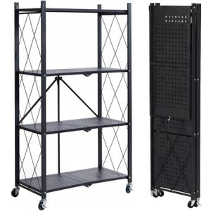 4 Tier Foldable Storage Shelf, Large Capacity Metal Shelf Rack, Rolling Bookshelf with Wheels, Wire Shelf Organizer for Kitchen, Pantry, Office, Garage, Basement, Black