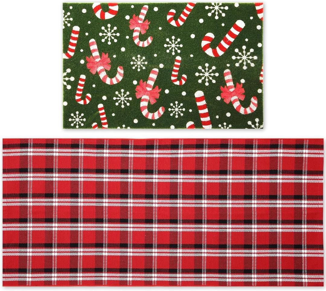 2 Pcs Candy Cane Christmas Doormat 24'' x 51'' Red White Buffalo Plaid Outdoor Rug and 18'' x 28'' Candy Cane Coir Doormat Welcome Mat Non Slip Floor Mat for Outside Entrance Front Porch