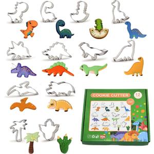 12 Pcs Stainless Steel Dinosaur Cookie Cutters - Footprint, Dinosaur Eggs, Brontosaurus, Camarasaurus, Stegosaurus, Triceratops